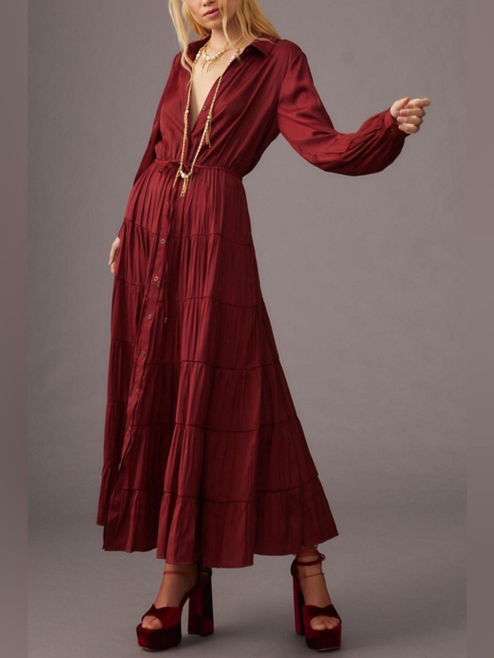 Anthropologie Button Front Tiered‎ Maxi Dress Red XS